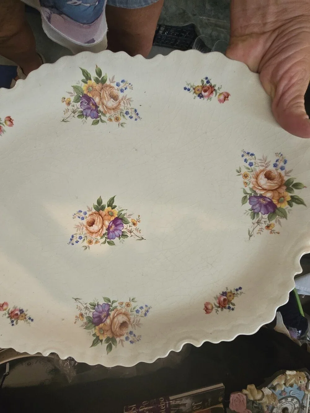 Rare 1940s Porcelain Compote 14 Inch Platter With Floral Details. Scalloped Edge